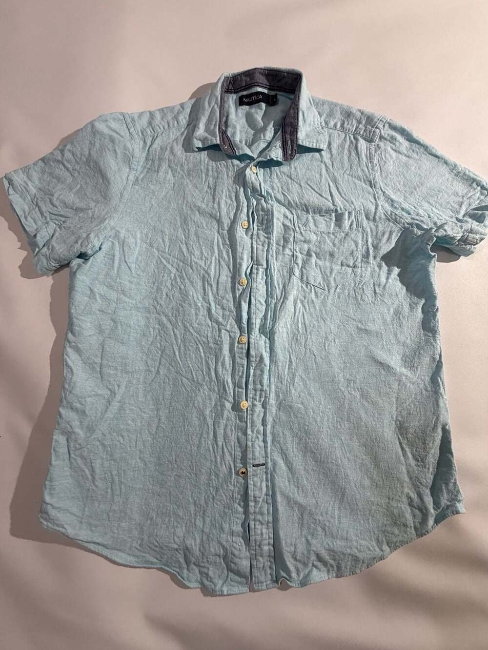Nautica Shirt Mens M Light Blue Linen Blend Button Up Short Sleeve Pocket